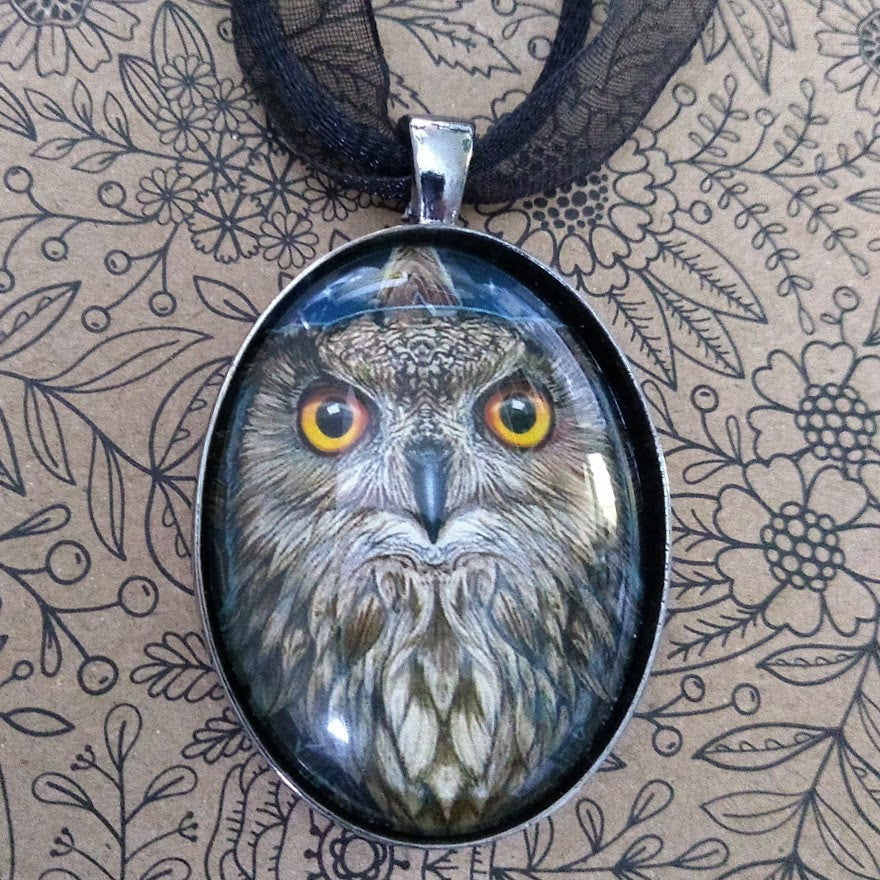 Wise One Brown Owl Picture Cabochon Pendant Necklace by Lisa Parker