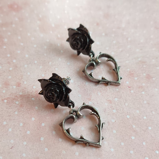 Alchemy Gothic Wounded Love Black Rose Thorn Heart Stud Drop Earrings