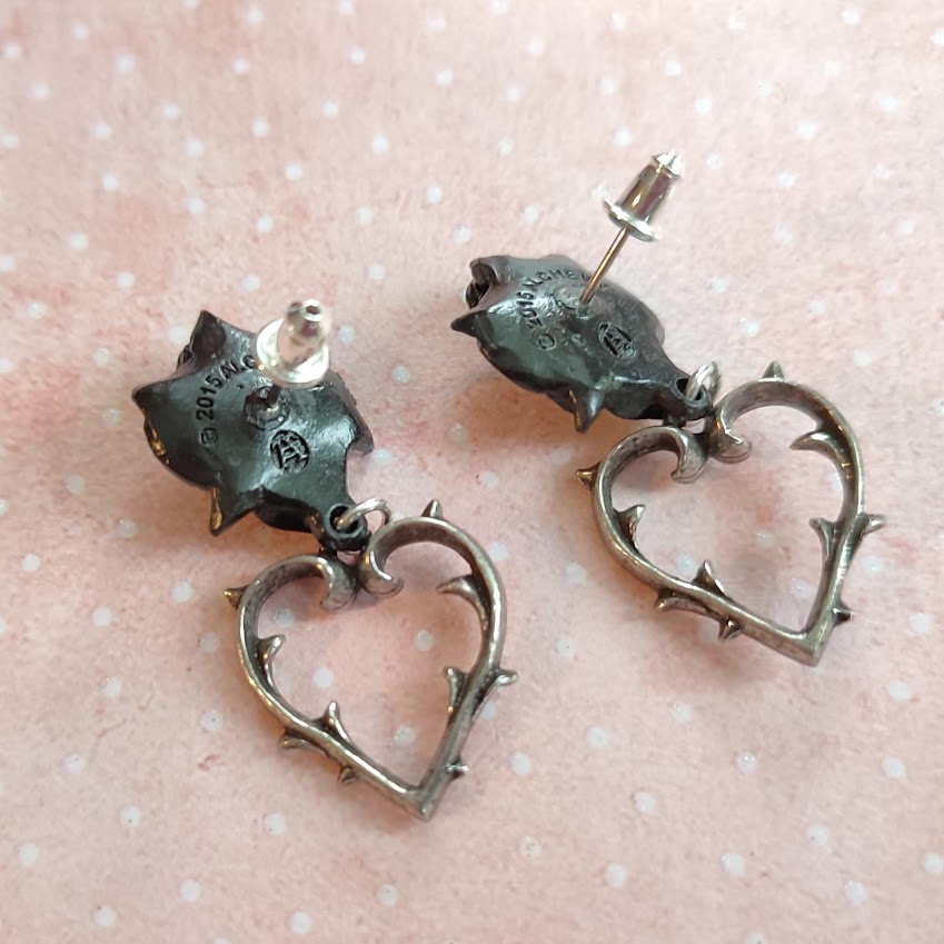 Alchemy Gothic Wounded Love Black Rose Thorn Heart Stud Drop Earrings