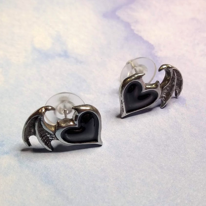 Alchemy Gothic Enamel Blacksoul Winged Heart Stud Earrings
