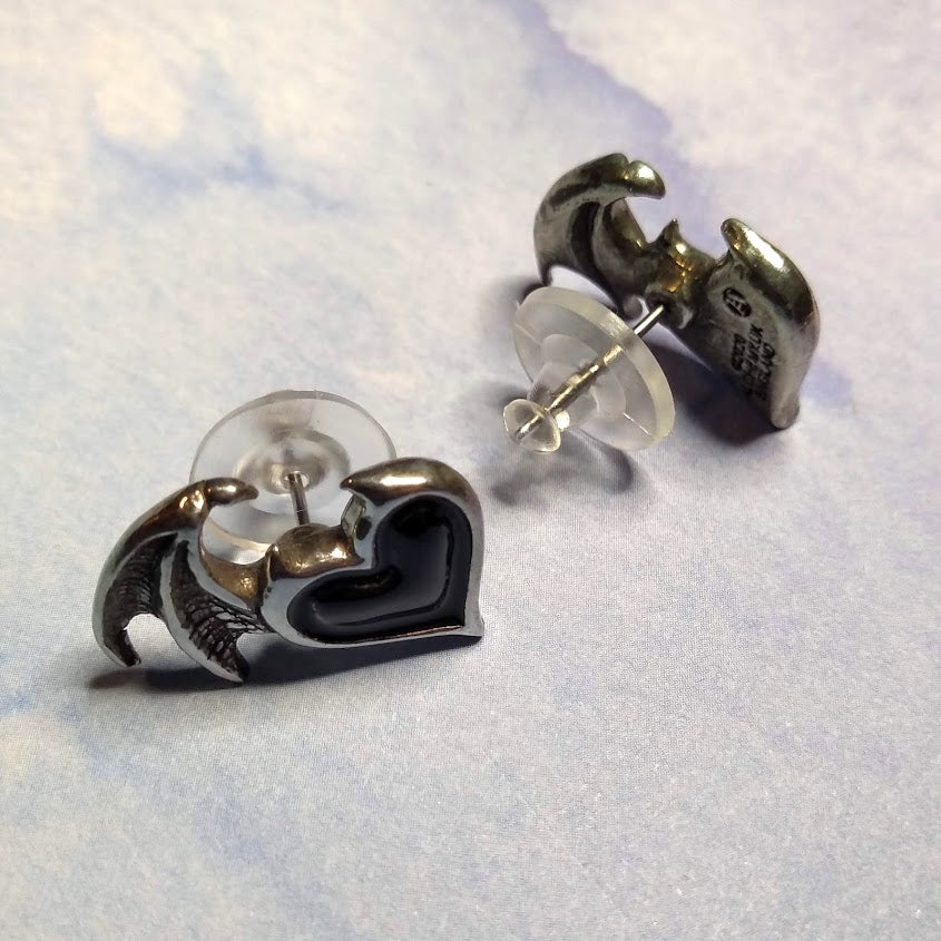 Alchemy Gothic Enamel Blacksoul Winged Heart Stud Earrings