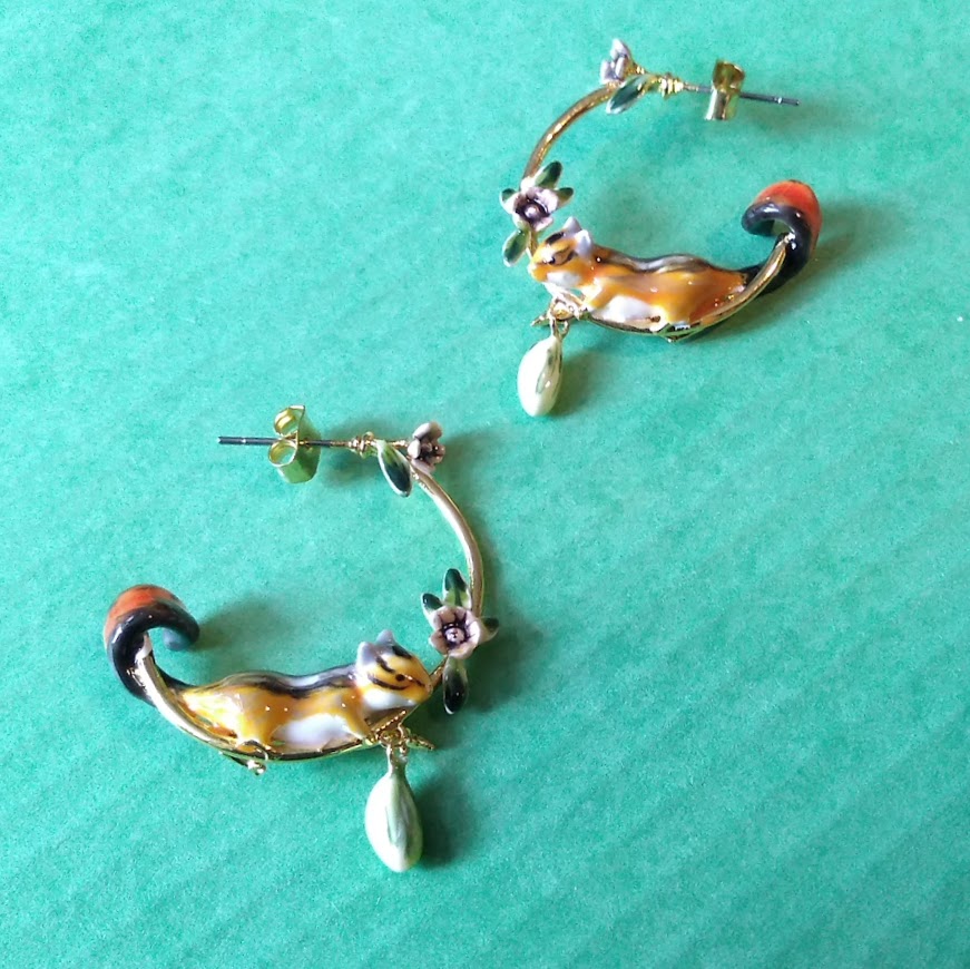 Enamel Chipmunk Hoop Earrings by Bill Skinner