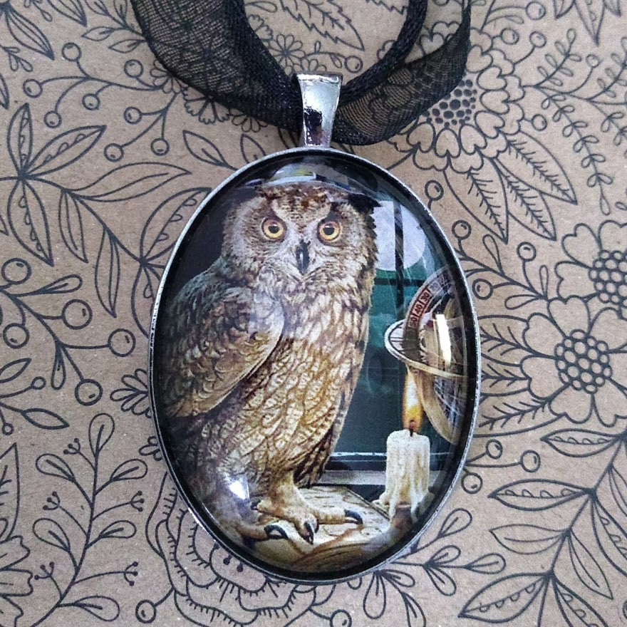 The Astrologer Brown Owl Picture Cabochon Pendant Necklace by Lisa Parker