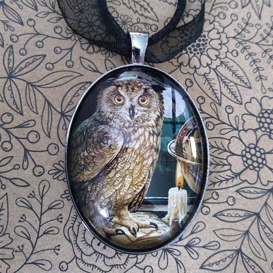 The Astrologer Brown Owl Picture Cabochon Pendant Necklace by Lisa Parker