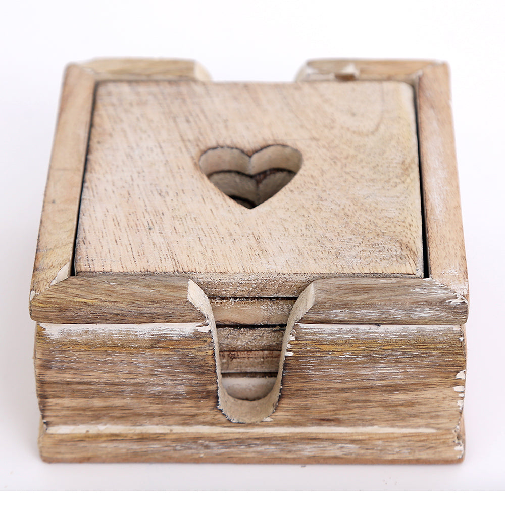 Set of 6 Rustic Wooden Heart Coaster